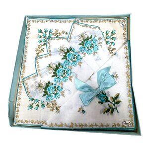 Vintage Burmel Original Blue Roses Floral Handkerchief Collectible NEW Old Stock